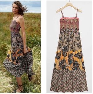 Anthropologie Pink Yellow Floral Smocked Maxi Dress, Size Small
